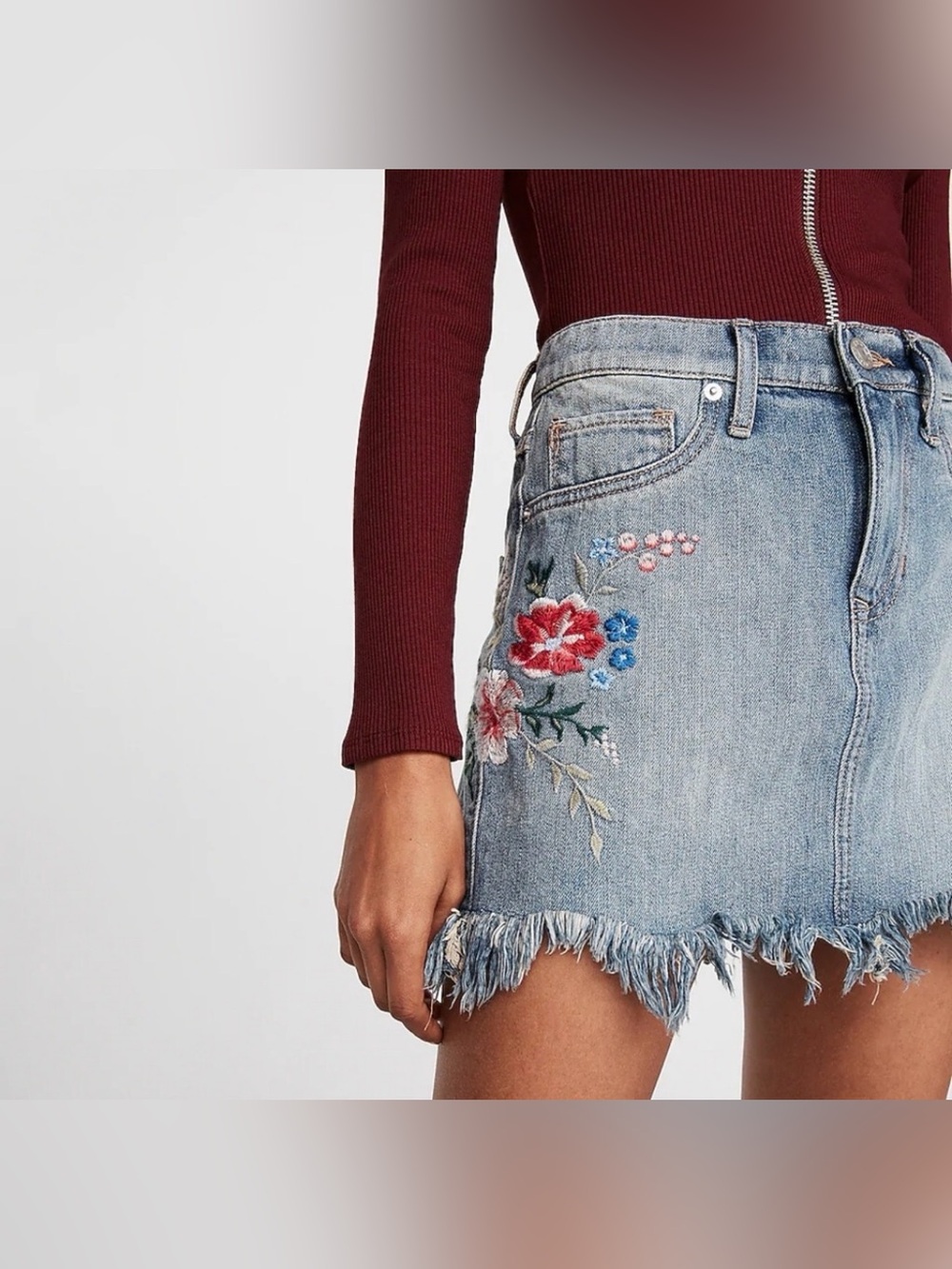 Express Floral Embroidery Denim Mini Skirt